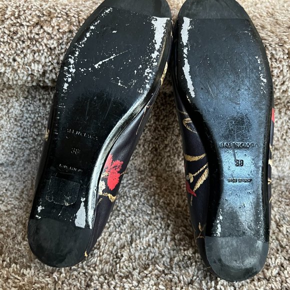 Balenciaga Women's Black Floral Leather Ballet Flats - Picture 9 of 12
